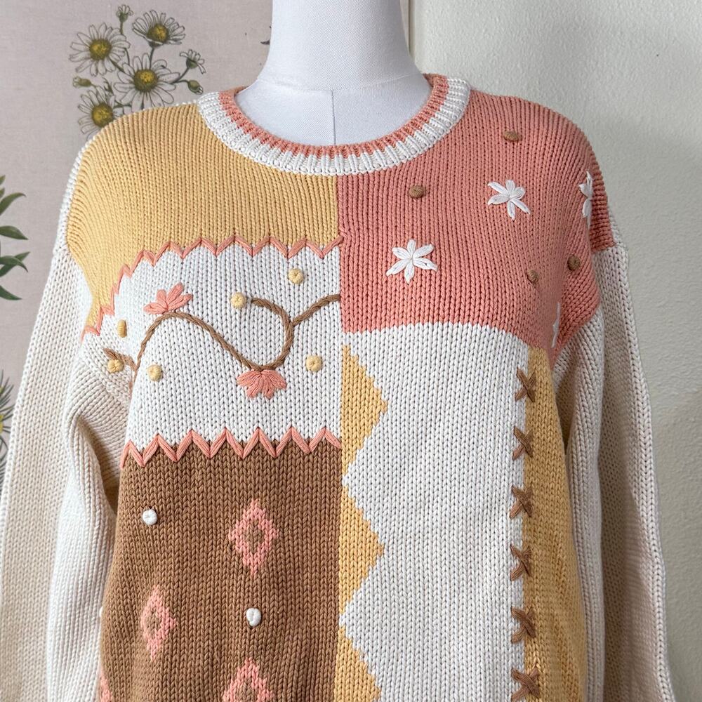 Vintage 80s Patchwork Embroidered Floral Sweater Grannycore Grandma Cottage L - Picture 2 of 9